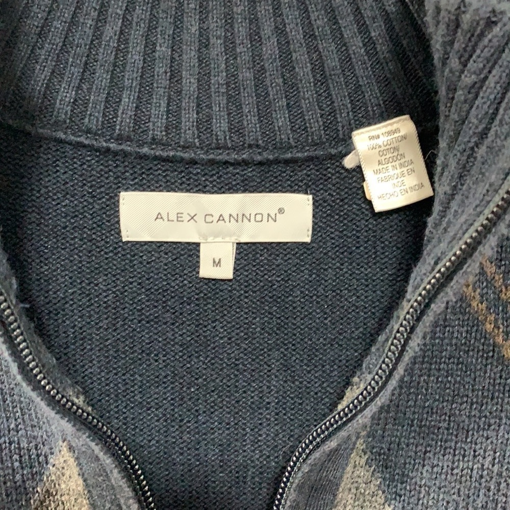 Alex Cannon 1/4 Zip Black Blue Tan Diamond Argyle Knit Pullover Cotton Sweater M - Picture 8 of 17